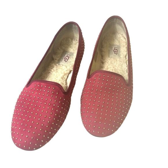 Ugg Ballet Flats Womens Sz 9.5 Red Gold Tone Polka Dot Leather Slip On Sheepskin - Picture 1 of 13
